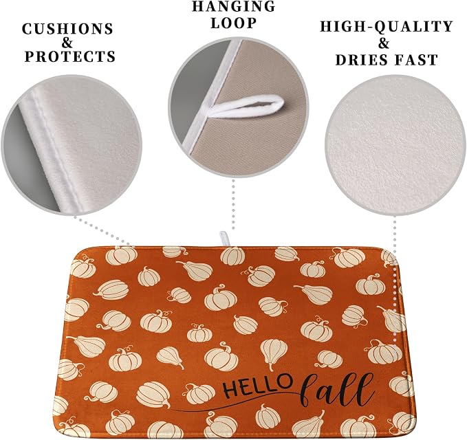 Hello Fall Drying Mat for Kitchen Counter Autumn Orange Pumpkin Dry Dish Mat - Image 3