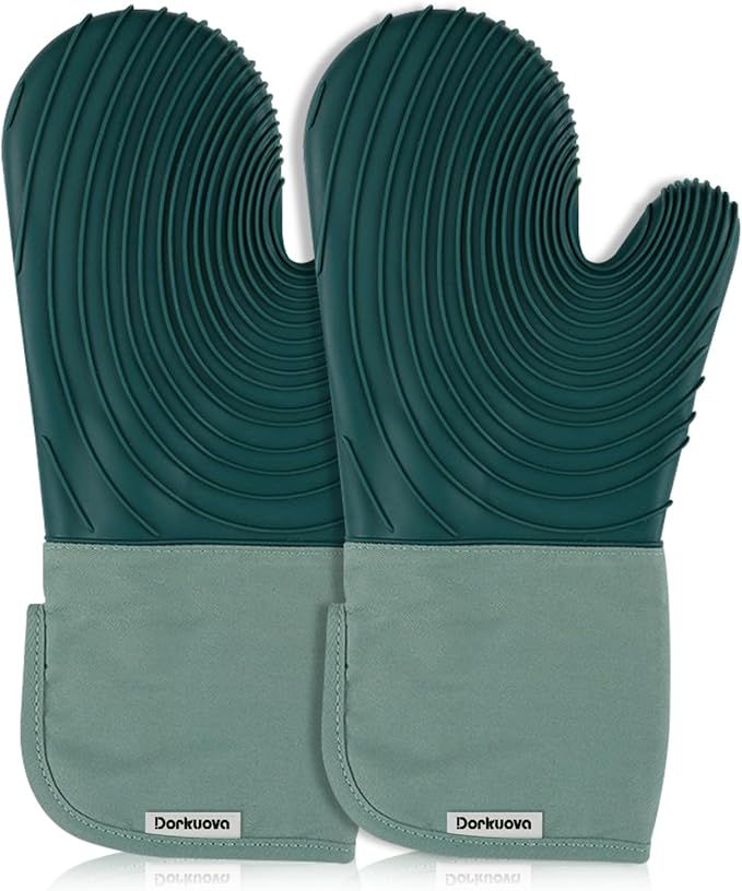 Silicone Oven Mitt Pack, Cotton Lined Gloves, Long Cooking Mitts and Trivet Mats by Dorkuovahome