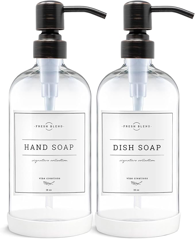 Vine Creations Clear Glass Soap Dispenser, 2 Pack Kitchen Soap Dispenser Set by VineCreations