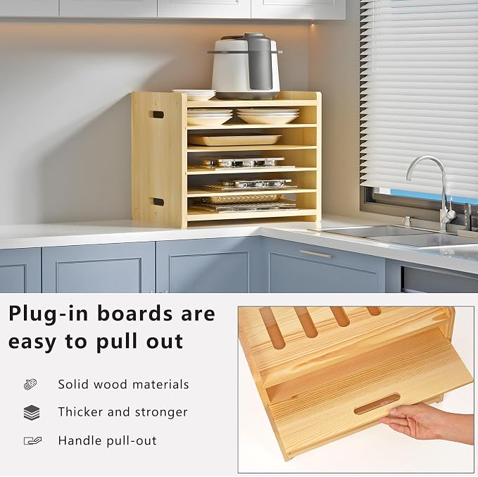 6 Tier Wooden Tray Dividers for Cabinets, Baking Cookie Sheet Organizer - Image 5