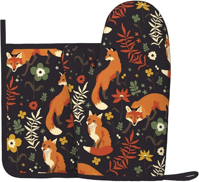 Fox Silicone Oven Mitts Pan Mats Set of 2, Heat Resistant Gloves Potholder by Cayiibe