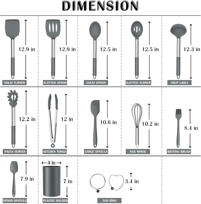 Silicone Cooking Utensils Set, E-far 14-Piece Gray Kitchen Utensils Set - Image 2