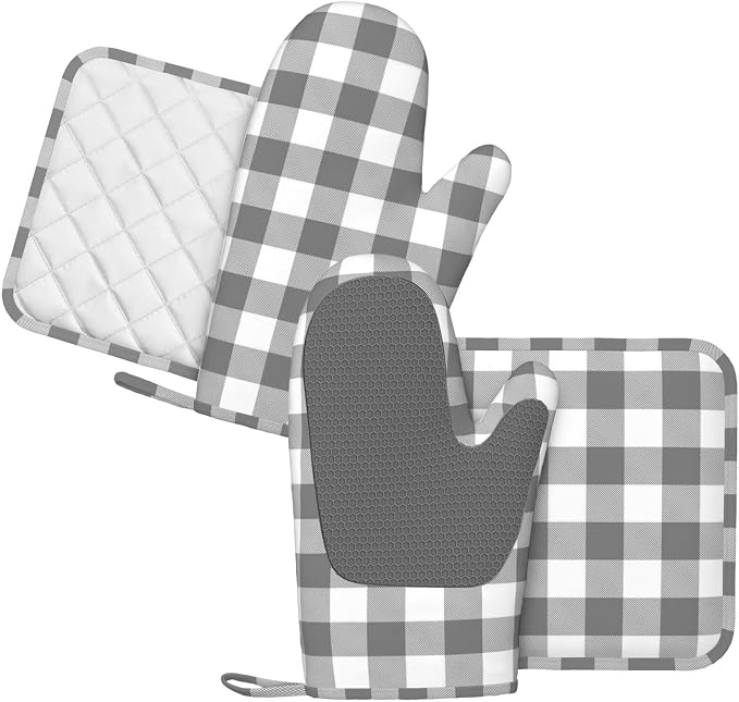 Buffalo Plaid White and Grey Oven Mitts and Pot Holders Set - Image 2