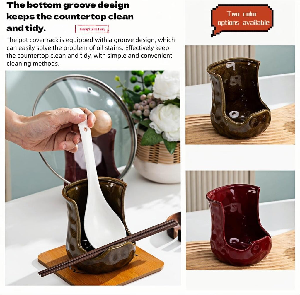 [HengYuhating] Ceramic Spoon Rest & Pot Lid Holder for Stove Top (Red)