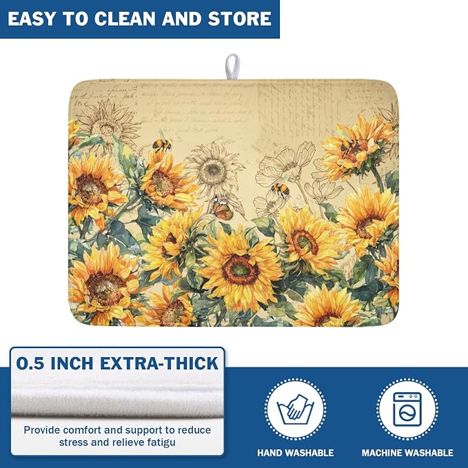 Sunflower Dish Drying Mat for Kitchen Counter Vintage Yellow Sunflowers - Image 5