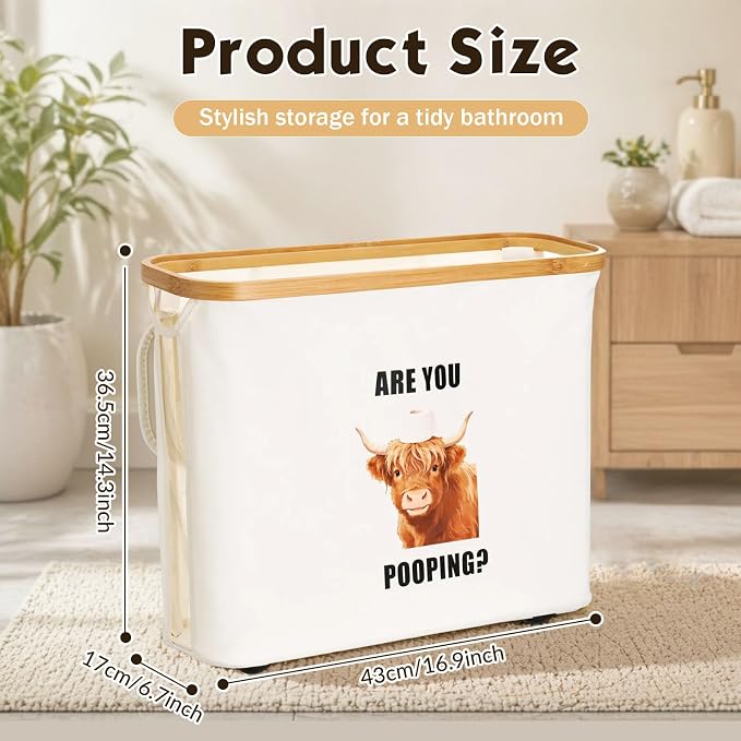Toilet Paper Basket with Lid & Bamboo Handle, Highland Cow are You Pooping - Image 2