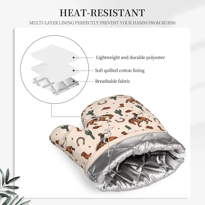 Western Cactus Cowboy Boho Silicone Oven Mitts Pan Mats Set of 2, Heat - Image 4