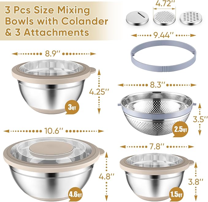 P&P CHEF Mixing Bowls with Lids Set of 3, Stainless Steel Mixing Bowl and - Image 2