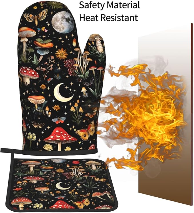 Cute Mushroom Oven Mitts and Pot Holders Sets of 3, Heat Resistant Black Hot - Image 7
