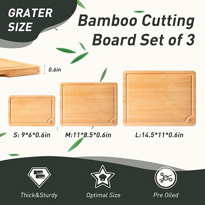 Bamboo Cutting Board Set Non Slip Feet - Image 2