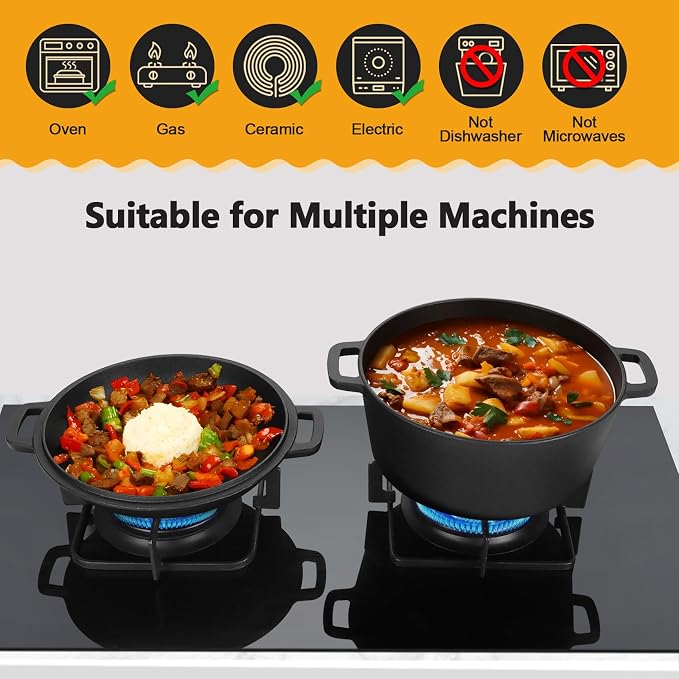 P&P CHEF 5Qt Dutch Oven Pot for Bread Baking, 2 In 1 Round Cast Iron Dutch Oven - Image 4