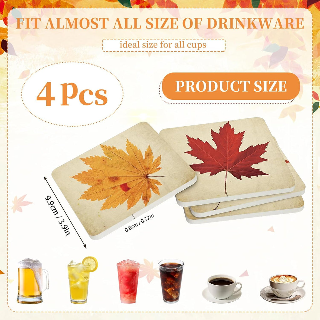 FYSUIMU 4 Pcs Fall Leaves Coasters Autumn Maple Leaf Square Ceramic