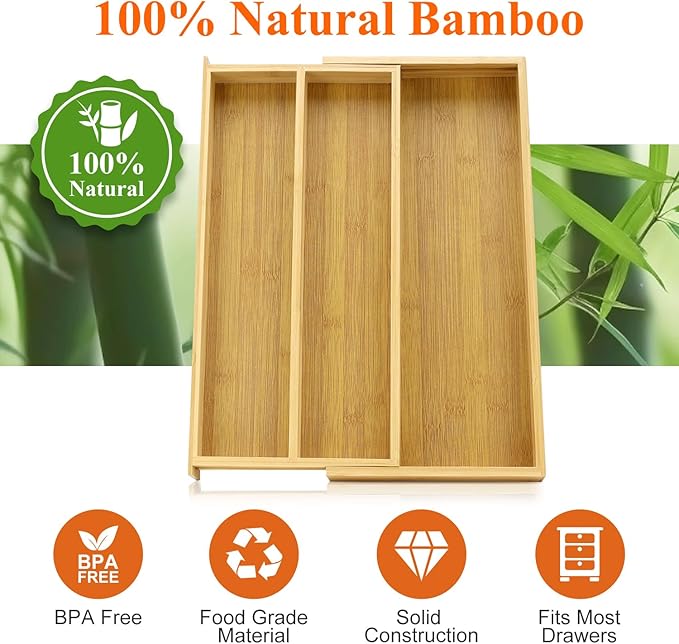 Large Bamboo Silverware Drawer Organizer Tray Kitchen Tool Drawer Divider - Image 7