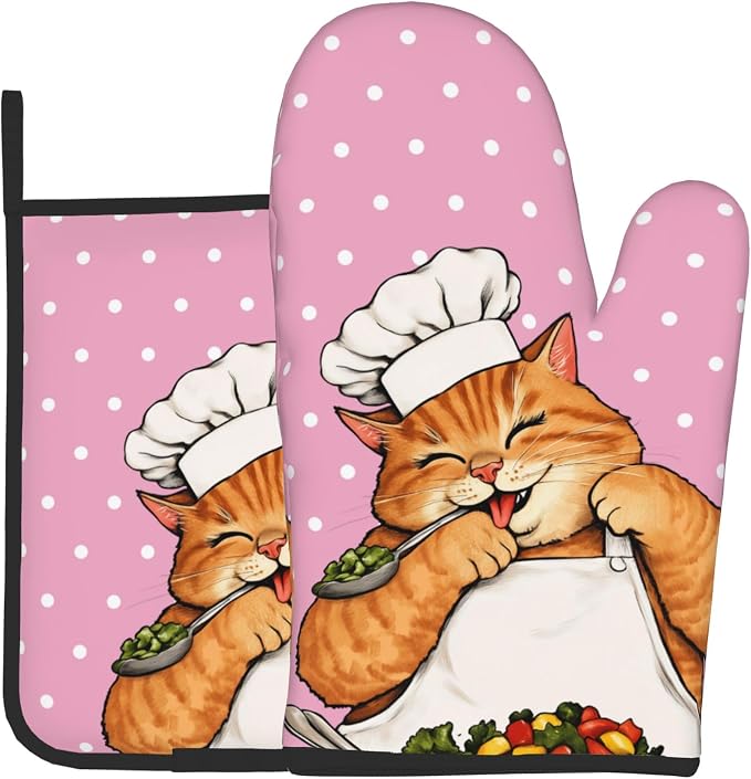 Cat Oven Mitts - Pink Oven Mitts and Pot Holders Sets of 2 Cute Kitten Cooker by DZGlobal