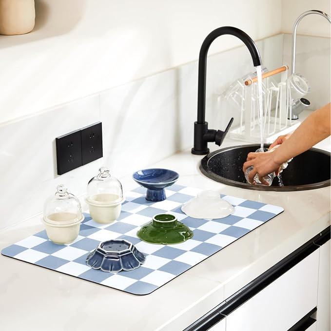 Checkered Dish Drying Mat for Kitchen Counter, Coffee Bar Station Accessories - Image 2