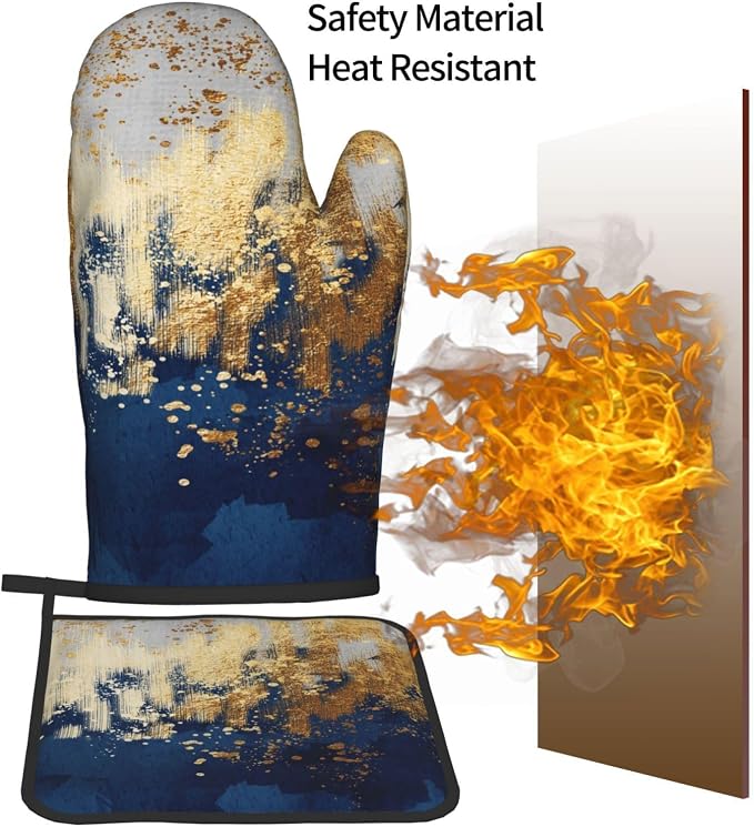 Blue and Gold Watercolor Abstract Oven Mitts and Pot Holder Sets of 3, Non-Slip - Image 7