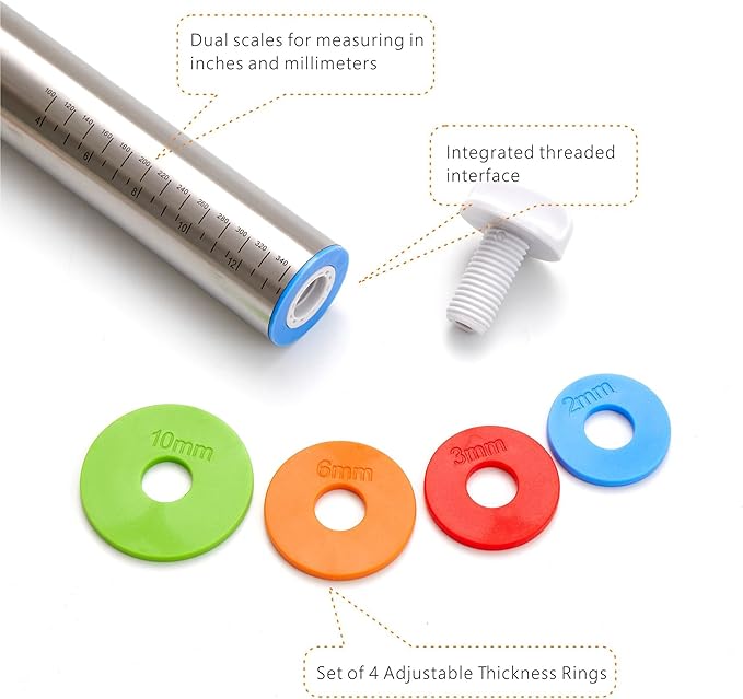 Rolling Pin with Thickness Rings, Fulimax 17" Adjustable Stainless Steel - Image 5