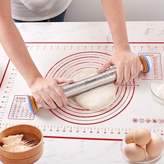 Rolling Pin and Silicone Baking Pastry Mat Set, Stainless Steel Dough Roller - Image 7