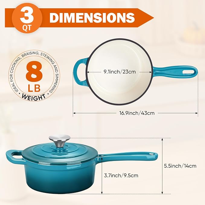 Homikit 3 Quart Saucepan with Lid, Enameled Cast Iron Saucepan - Image 2