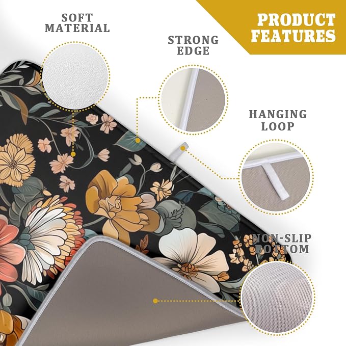 Vintage Floral Dish Drying Mat 18x24 inch Boho Flower Drainer Mats Fast Dry - Image 4