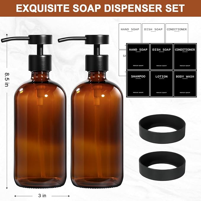 RYTOXILO Hand Soap Dispenser for Bathroom 2 Pack, Amber Glass Soap Dispenser - Image 2