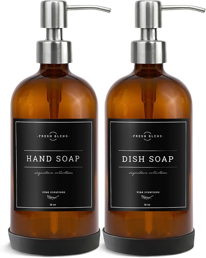 Vine Creations Amber Glass Soap Dispenser, 2 Pack Kitchen Soap Dispenser Set - Image 7