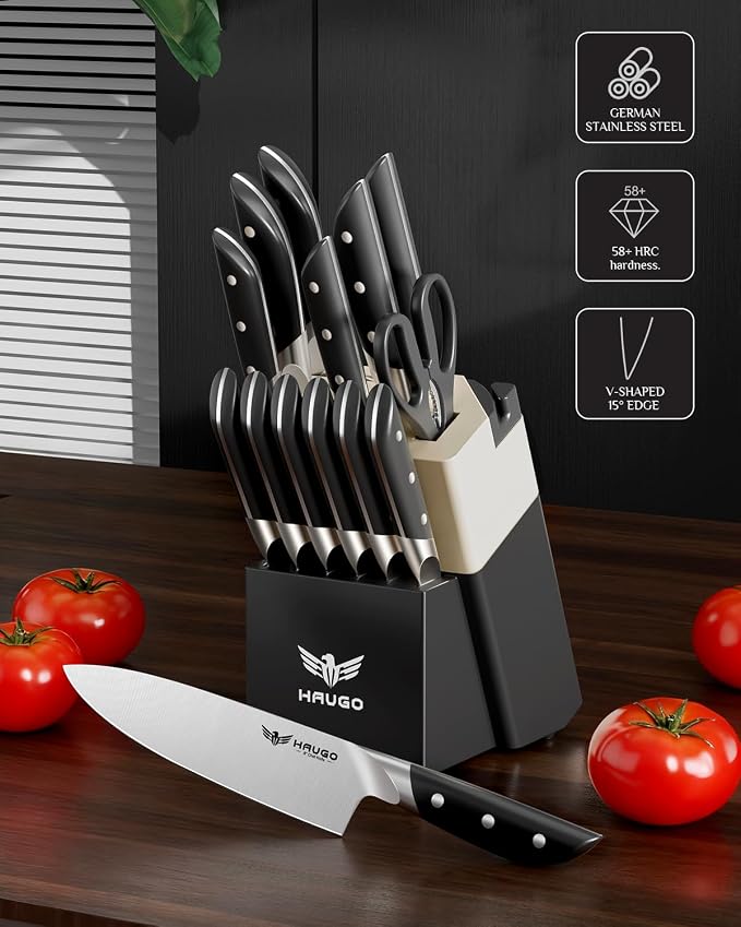 Kitchen Knife Set with Block: 14-Piece German Stainless Steel Full Tang - Image 3