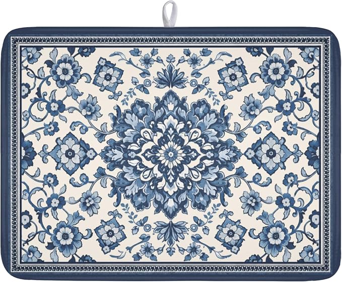 Blue Floral Dish Drying Mat for Kitchen Counter Vintage Flower Pattern by Unknown