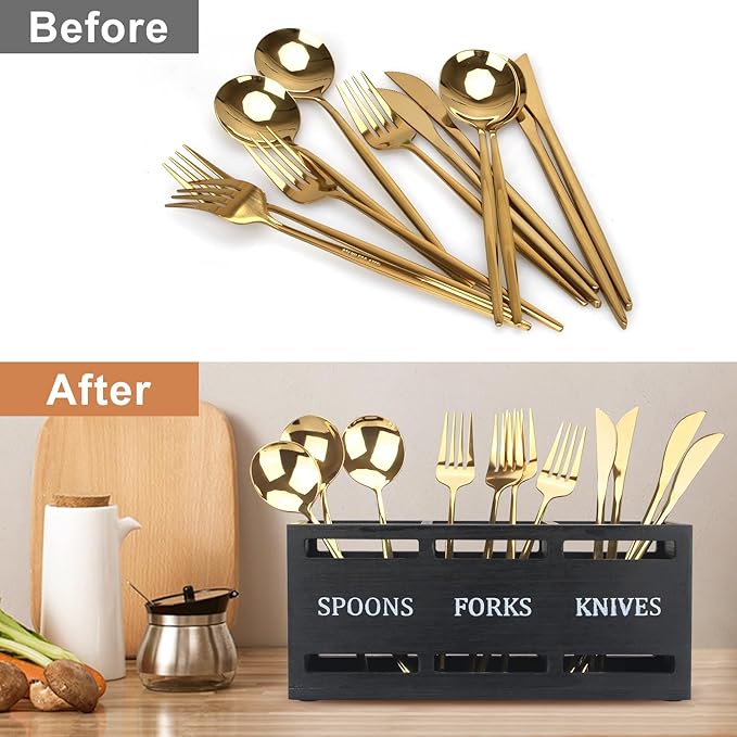 Ayiaren Wooden Silverware Caddy Flatware Cutlery Holder Wood Silverware - Image 6