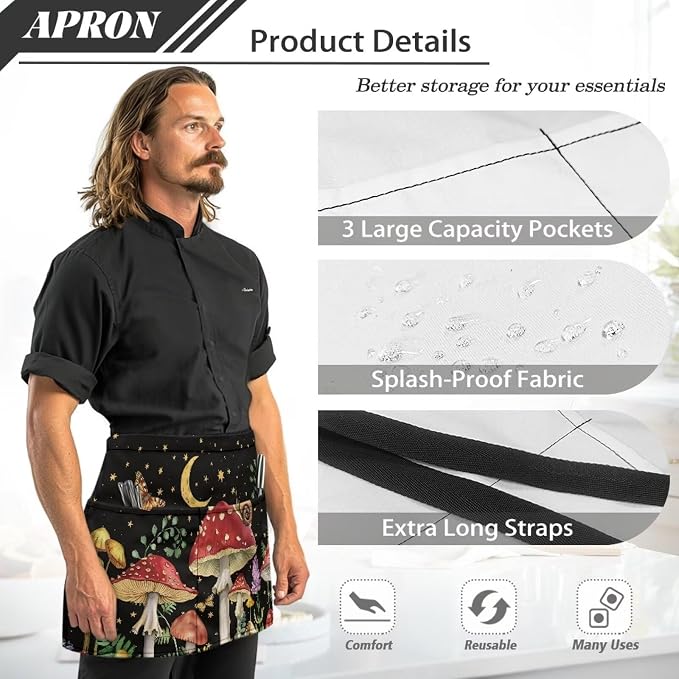 Server Apron with 3 Pockets, Waterproof Oil Waitress Waiter Half Apron - Image 6