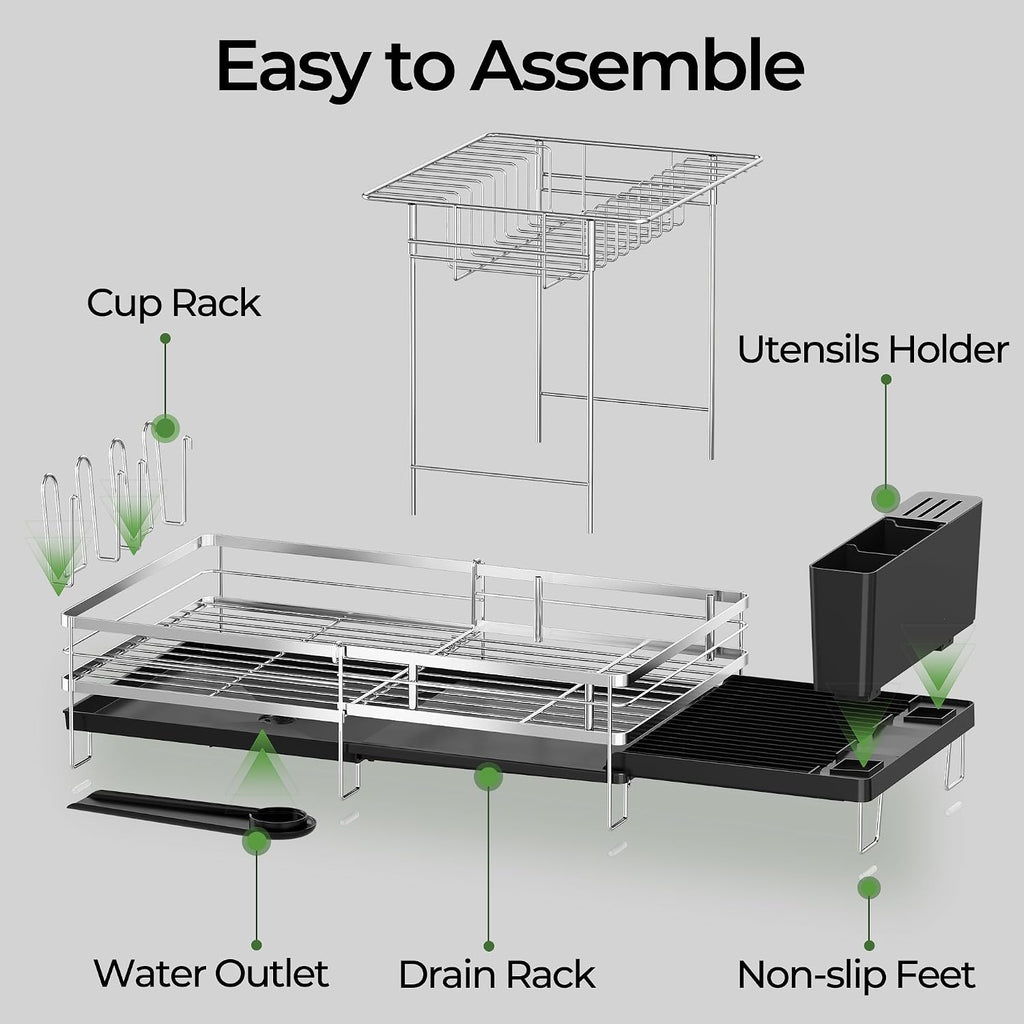 Large 2 Tier Dish Drying Rack, Extendable Dish Rack, Stainless Steel