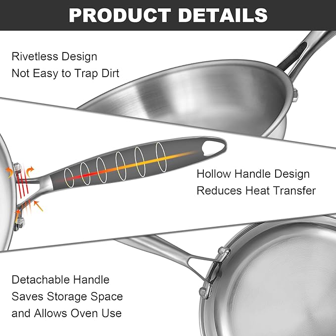 EWFEN Tri-Ply Stainless Steel Frying Pans Set, 8”/10”/12” Cooking pans - Image 6