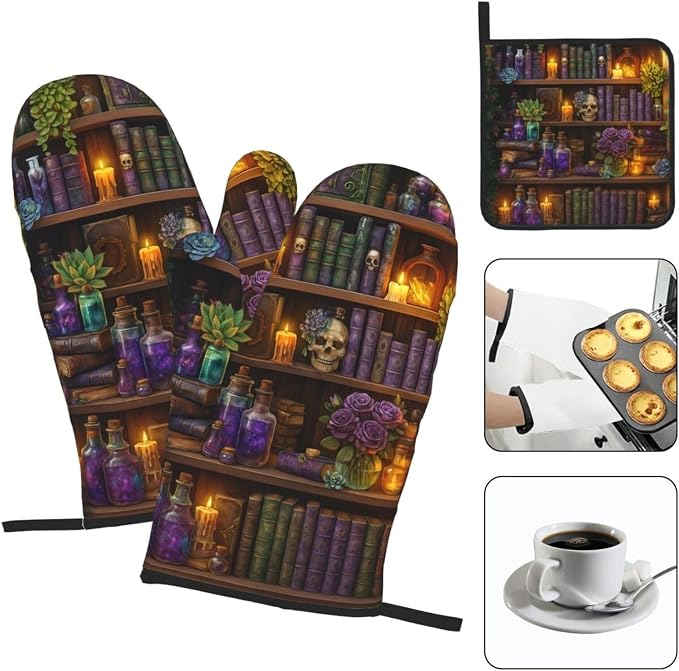 Witch Gothic Oven Mitts and Pot Holders Sets, Witchy Wicca Skull Baking Glovers - Image 3