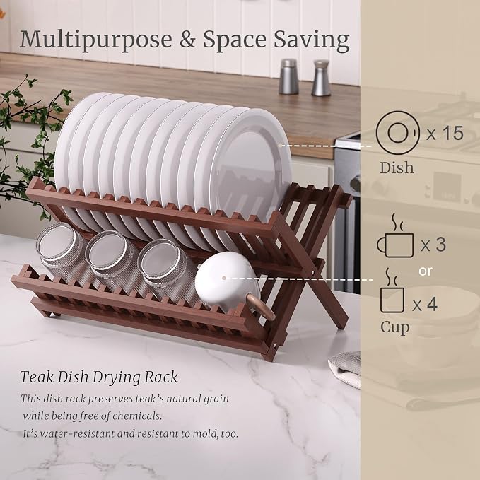 VERTORGAN Teak Dish Drying Rack, Folding Collapsible Drainer Plate Organizer - Image 3