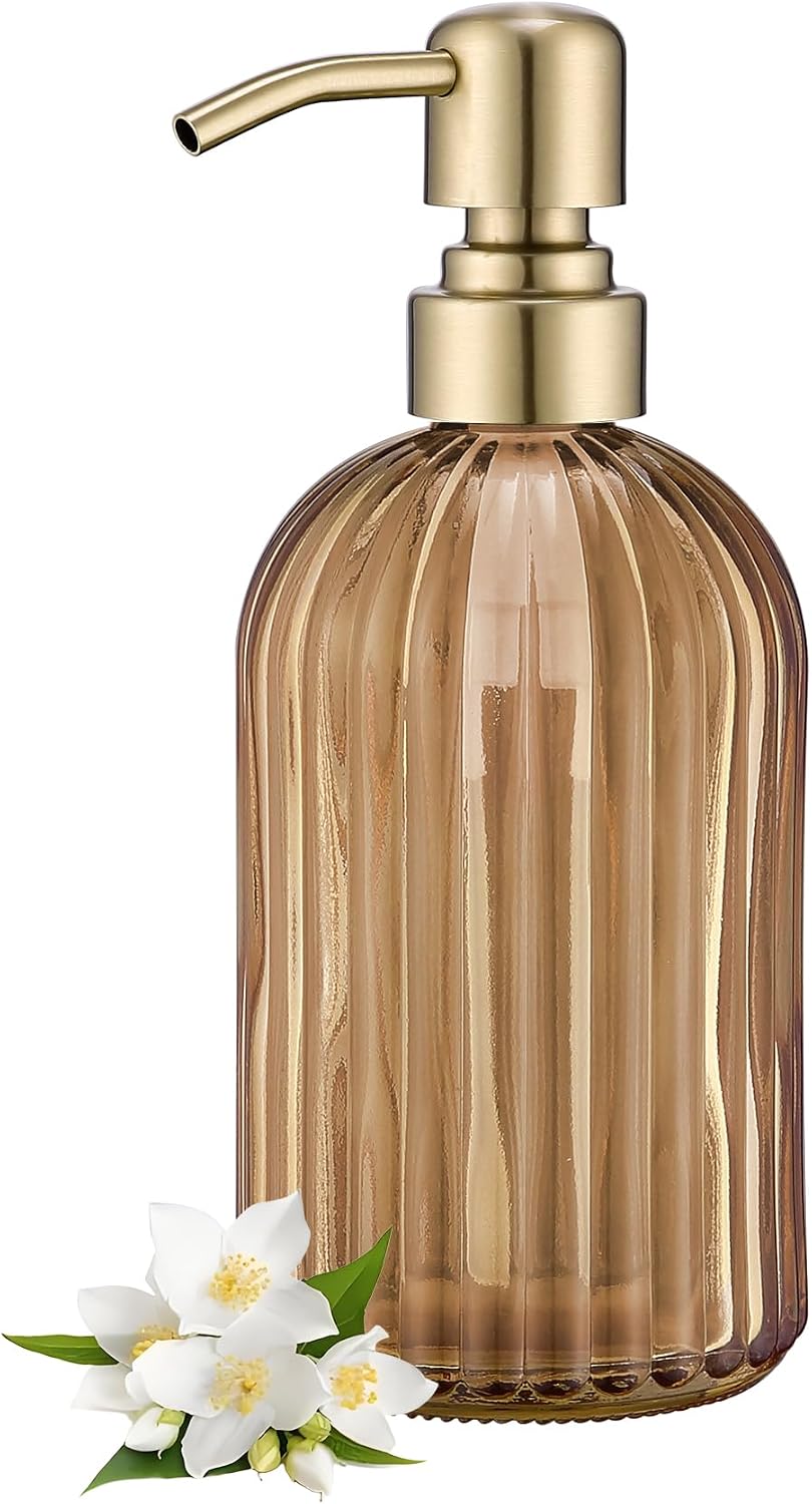 16 OZ Amber Glass Soap Dispenser, Amber Stripe Bathroom Hand Soap