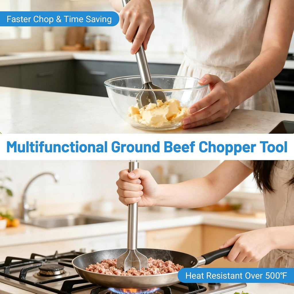 Meat Masher, 6 Blade Stainless Steel Ground Beef Chopper Tool, 8"