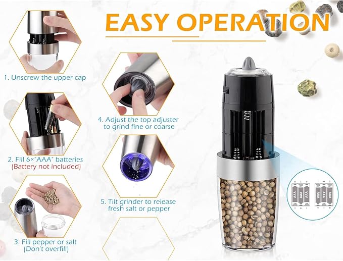 Gravity Electric Salt and Pepper Grinder Set, Battery Powered LED Light One - Image 8