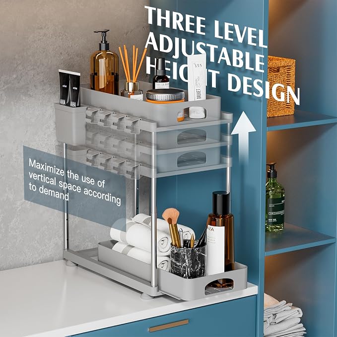 VERIFOST 2 Pack Adjustable Gray Under Sink Organizers, 2 Tier Pull Out Storage - Image 4
