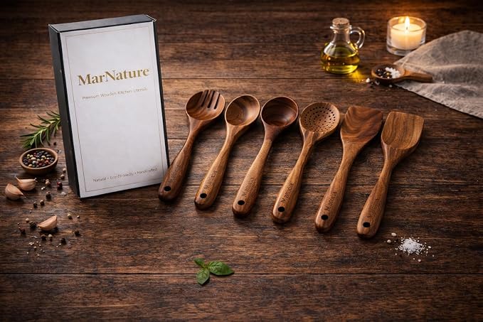 Teak Wood Kitchen Utensils Set – 6 Piece, Sustainable Teak Cooking Utensils - Image 2