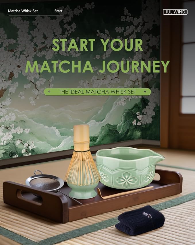 Matcha Whisk Set, Ceramic Matcha Bowl, Bamboo Whisk, Tea Towel - Image 3