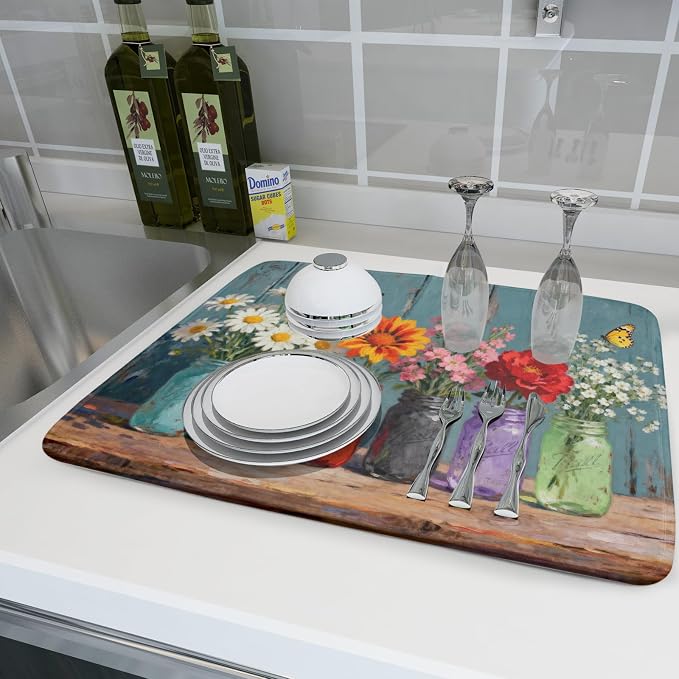 Dish Drying Mat for Kitchen Counter 18x24, Spring Summer Floral Decorative - Image 6