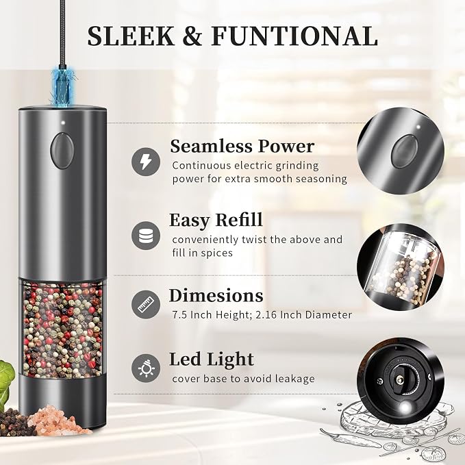 Electric Salt and Pepper Grinder Set, Upgraded Larger Capacity Stainless Steel - Image 4