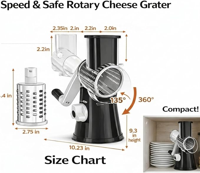 Manual Rotary Cheese Grater for Kitchen, Vegetable Slicer, 3-in-1 Hand Crank - Image 8