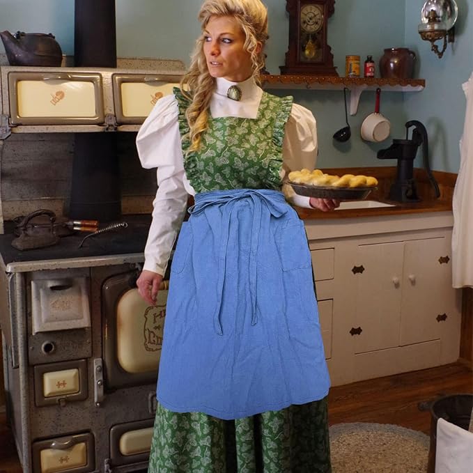 Cotton Linen Half Apron for Women Vintage Waist Apron Ruffle Plain Bright Color - Image 5