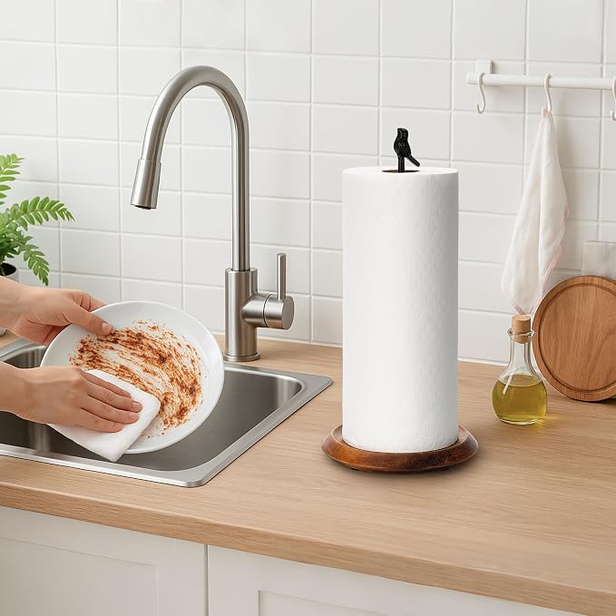 Wood Paper Towel Holder Countertop, Easy Tear Farmhouse Kitchen Towel Holder - Image 2