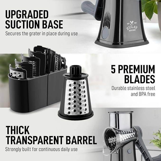 Zulay Kitchen Rotary Cheese Grater 5 Blade Cheese Shredder - Image 7