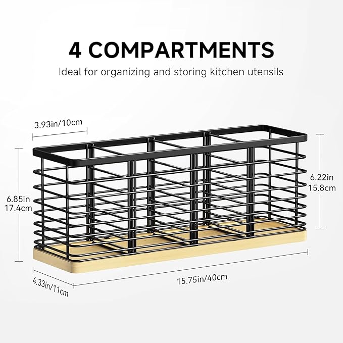 Kitchen Cooking Utensil Holder for Kitchen Counter, 4 Large Black Compartments - Image 2