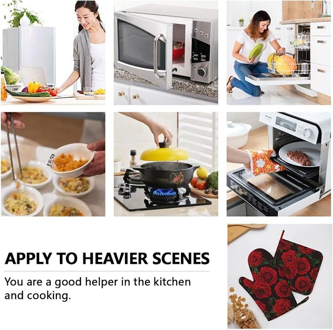 Red Black Rose Flower Oven Mitts and Pot Holders Sets of 4, Heat Resistant - Image 8