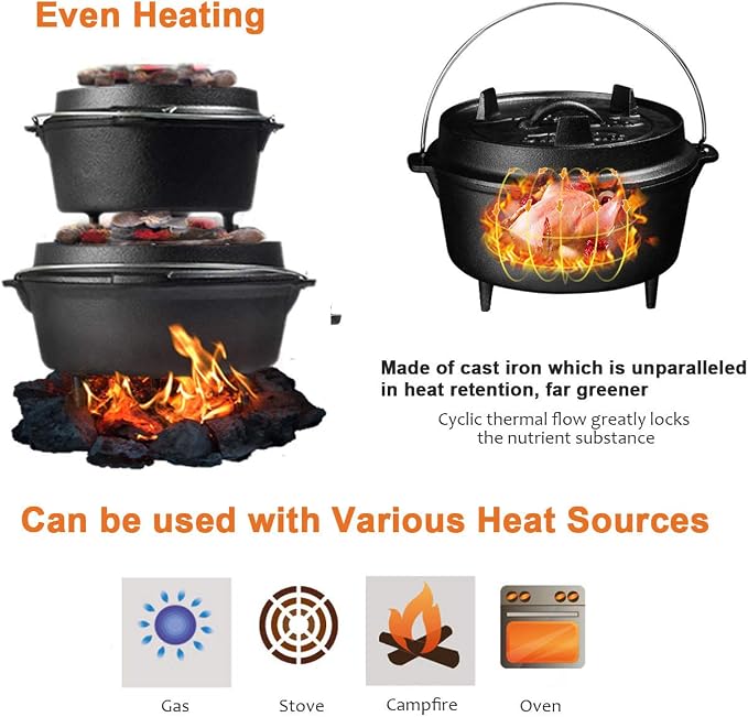 Overmont Camp Dutch Oven Pre Seasoned Cast Iron Lid Also a Skillet Casserole Pot - Image 2