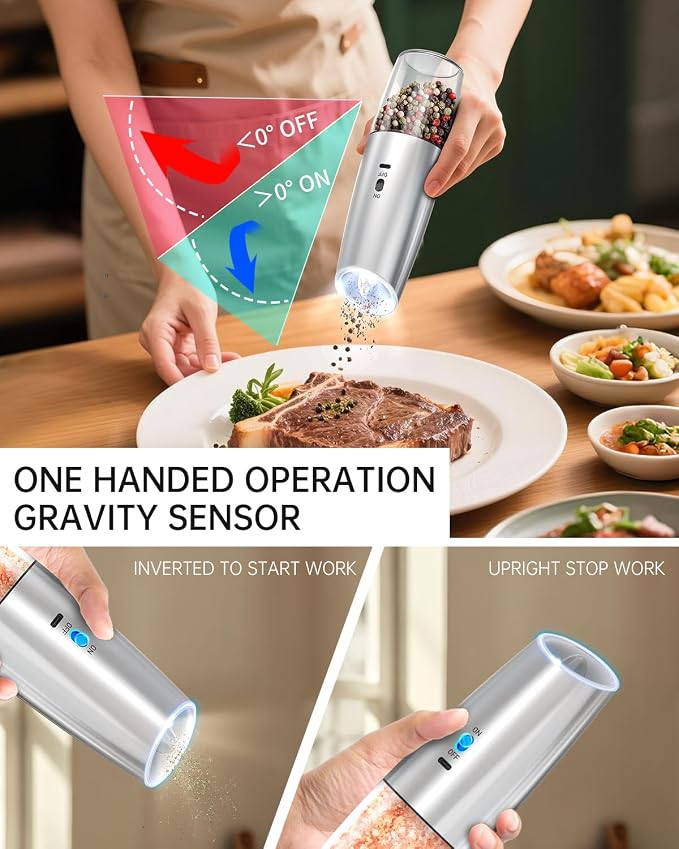CIRCLE JOY Rechargeable Gravity Electric Salt and Pepper Grinder Set, Stainless - Image 4